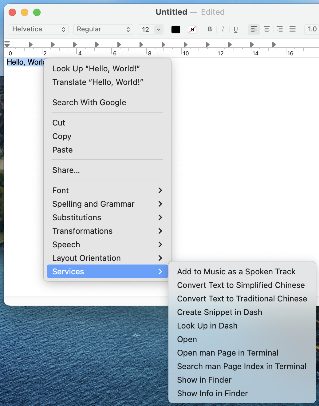 Screenshot of the Services item under the contextual (right-click) menu of selected text.