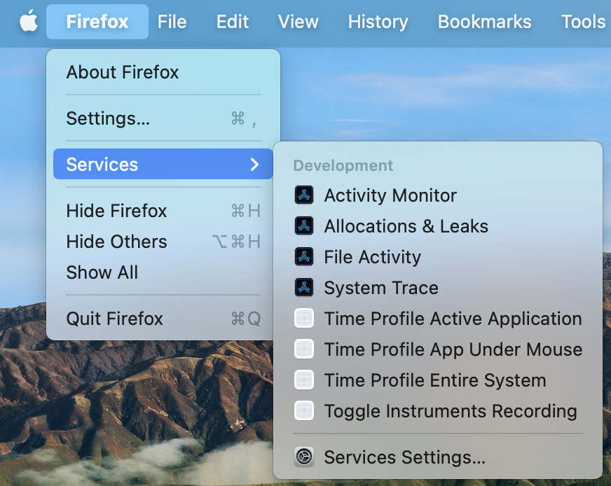 Screenshot of the Services item under an application's menubar menu.